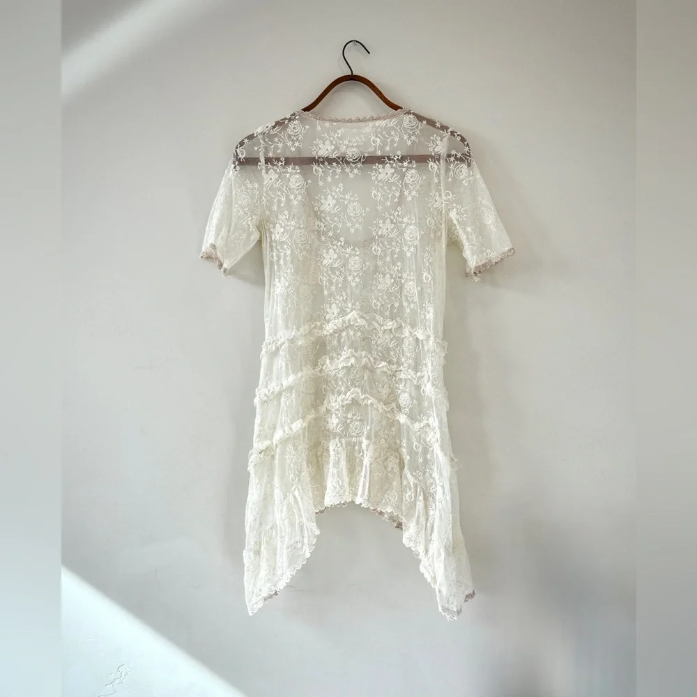 Johnny Was All White Lace Asymmetrical Short Sleeve Baby Doll Dress - Picture 4 of 13